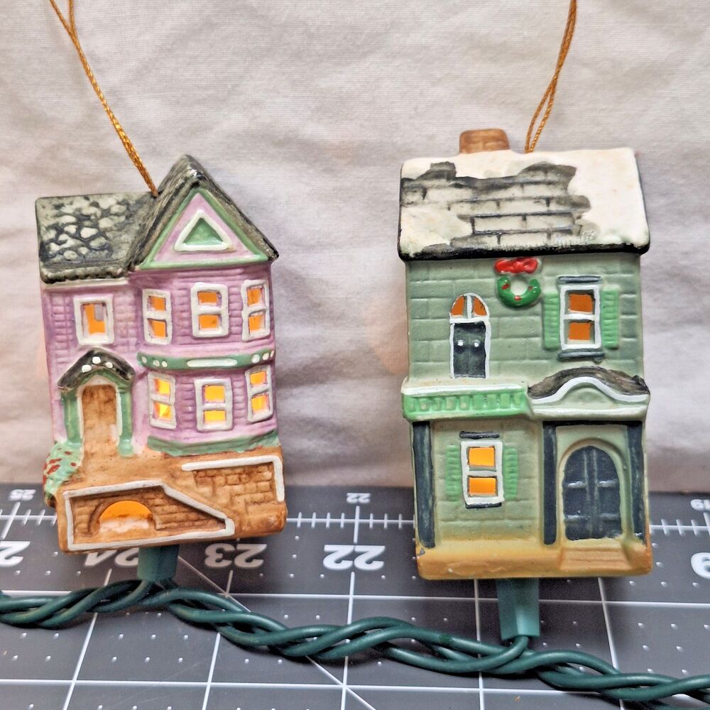 Ornaments Porcelain Christmas Village Illuminated Miniature Houses VTG Light Up